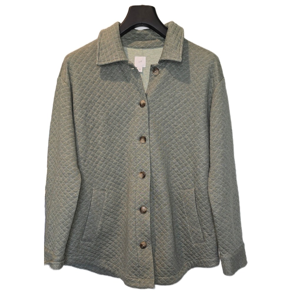 J. Jill Womens Sage Green Quilted Button Front Jacket Small Diamond Stitch Coat